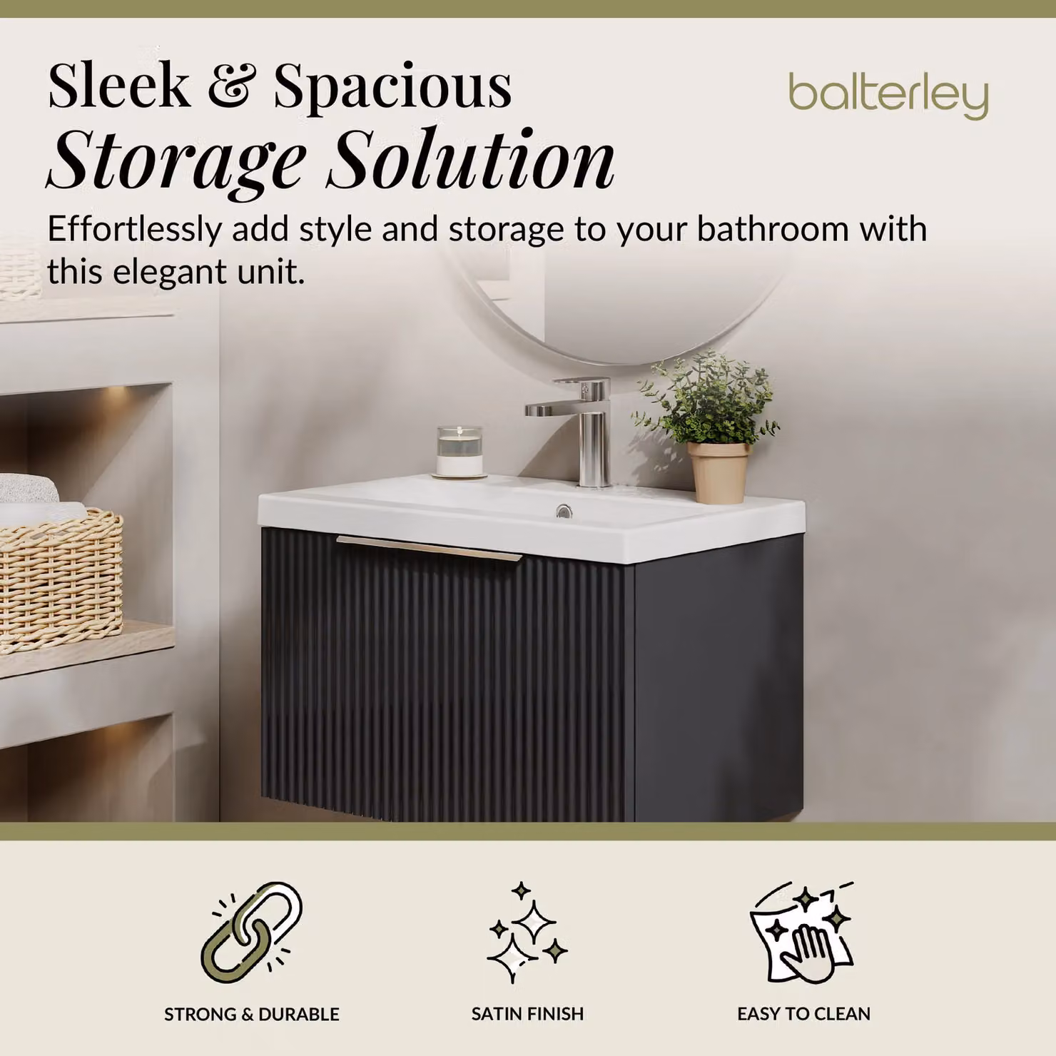 Balterley Fluted Wall Hung 1 Drawer Vanity Basin Unit and Basin, Dark Grey, Width: 600 mm – 2