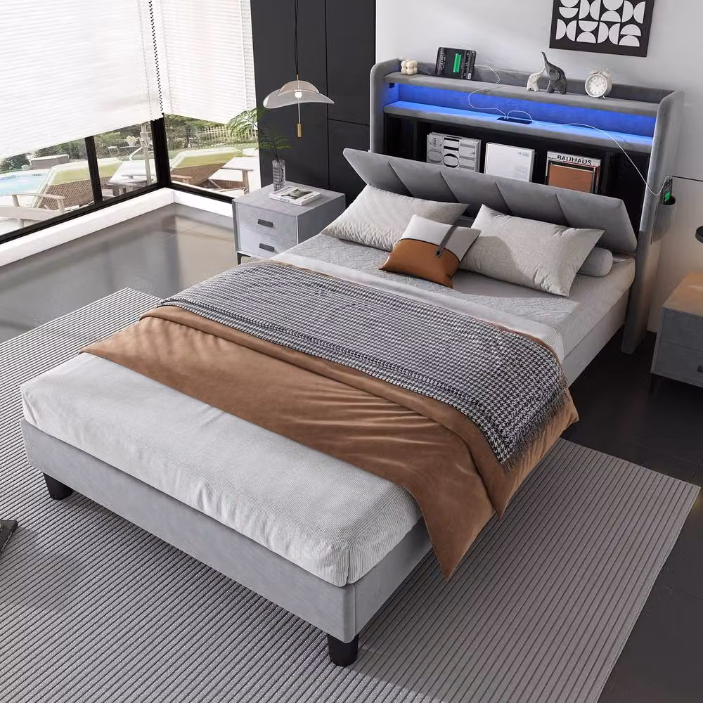 Merax Single Upholstered Velvet Bed in Grey with USB Charging Ports and Bedside Storage Shelves, W/D/H: 90 x 190 x 107 cm – 2