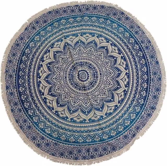 KDMD Blue and White Geometric Mandala Round Cotton Wall Decor and Boho Meditation Mat, Diameter: 130 cm