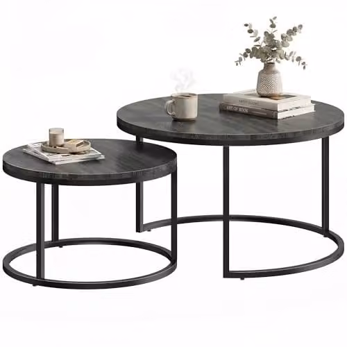 HOMCOM Set of 2 Round Nesting Coffee Tables in Black Wood Grain, W/D/H: 78.5 x 78.5 x 46.5 cm