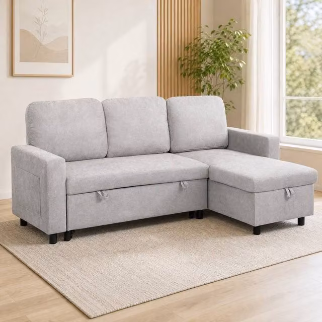 STILVORA L-Shape Sofa Bed with Storage in Grey Fabric