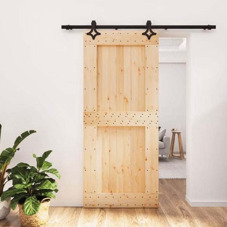 Berkfield Home Rustic Solid Wood Pine Sliding Door with Hardware Set in Brown and Black, W: 90 cm, H: 210 cm