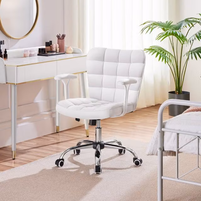 Yaheetech Modern White PU Leather Task Chair with Armrests and 360 Degree Swivel
