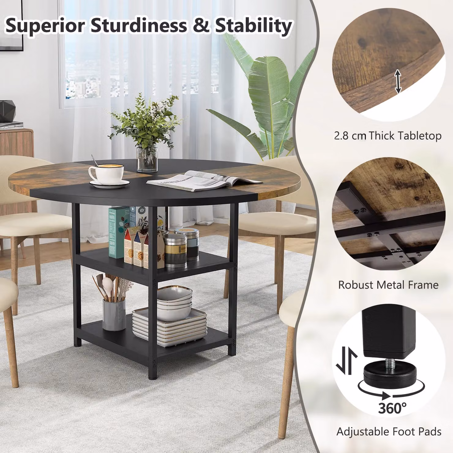 Costway Round Wooden Kitchen Dining Table with Storage Shelf in Brown – 2