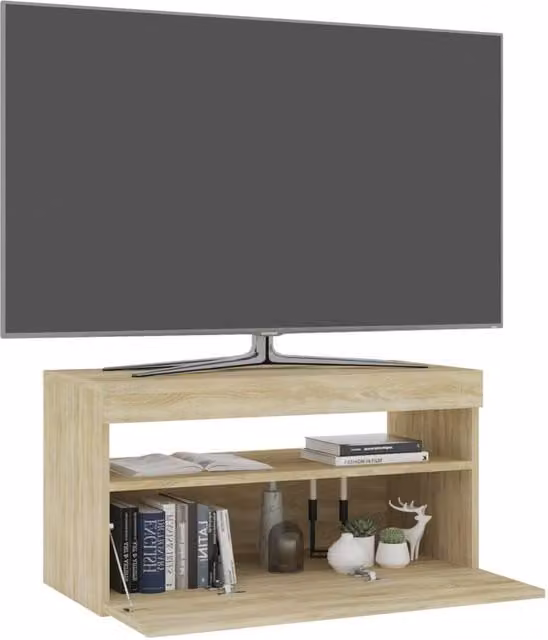 Berkfield Home TV Cabinet with LED Lights in Sonoma Oak and Tan, W/D/H: 75 x 35 x 40 cm