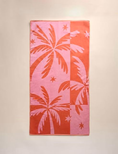 M&S Pure Cotton Palm Tree Graphic Beach Towel in Pink Mix