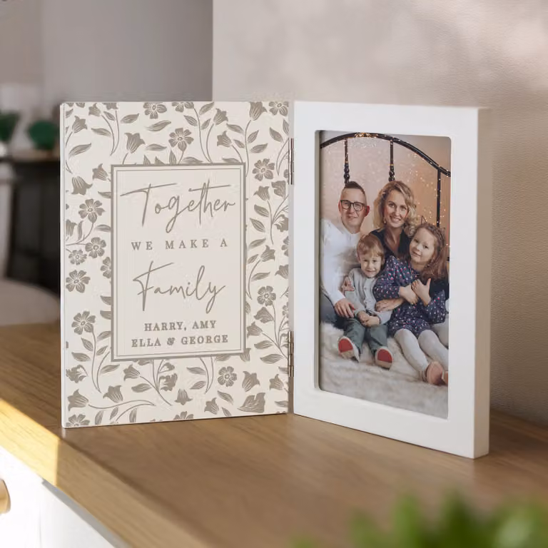 Personalised Memento Company Personalised Family Wooden Hinged Single Photo Frame, White, 15.24 x 10.16 cm
