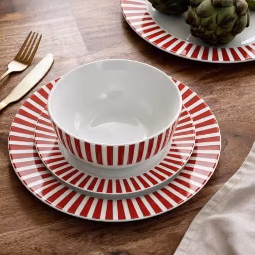 Waterside 12-Piece Red Striped Porcelain Dinner Set – 5