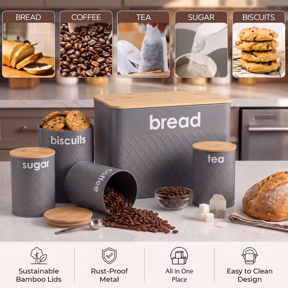 Crystals Grey 5 Piece Airtight Kitchen Storage Set with Bread Bin and Matching Geometric Canisters – 3