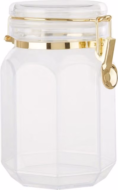 Orsina Gozo Octagonal Glass Storage Jar with Airtight Lid, 1200 ml, Clear and Gold