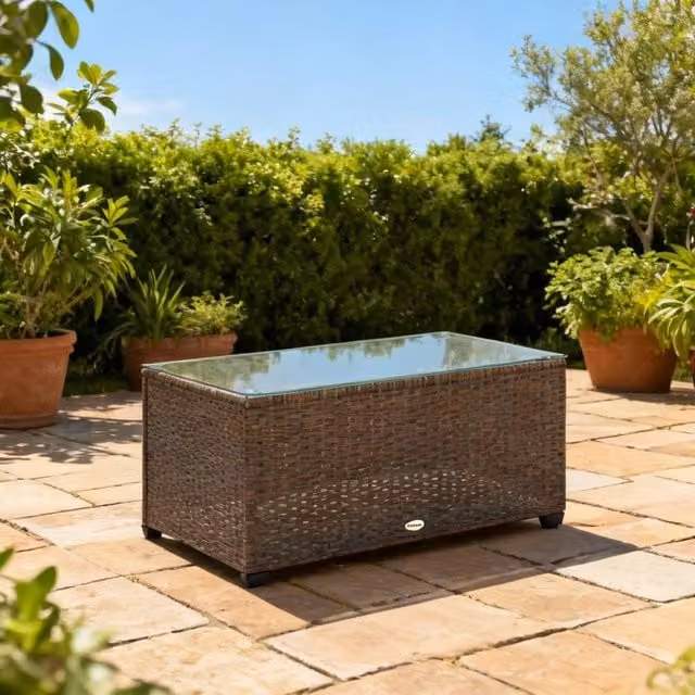 ERGOVEXA Brown Polyrattan Side Table with Glass Top for Garden and Terrace, W: 90 cm, D: 50 cm – 1