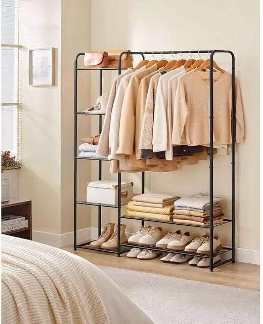 The Bazaarist Open Wardrobe with Clothes Rail and Storage Shelves, Matt Black, H: 158.4 cm x W: 112.0 cm