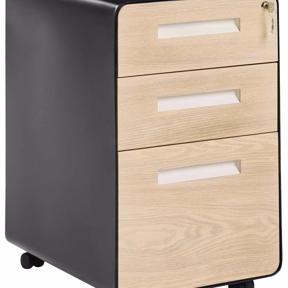 Wyld and Coco 3 Drawer Mobile Pedestal in Black and Light Brown Wood Effect with Lock and Castors – 2