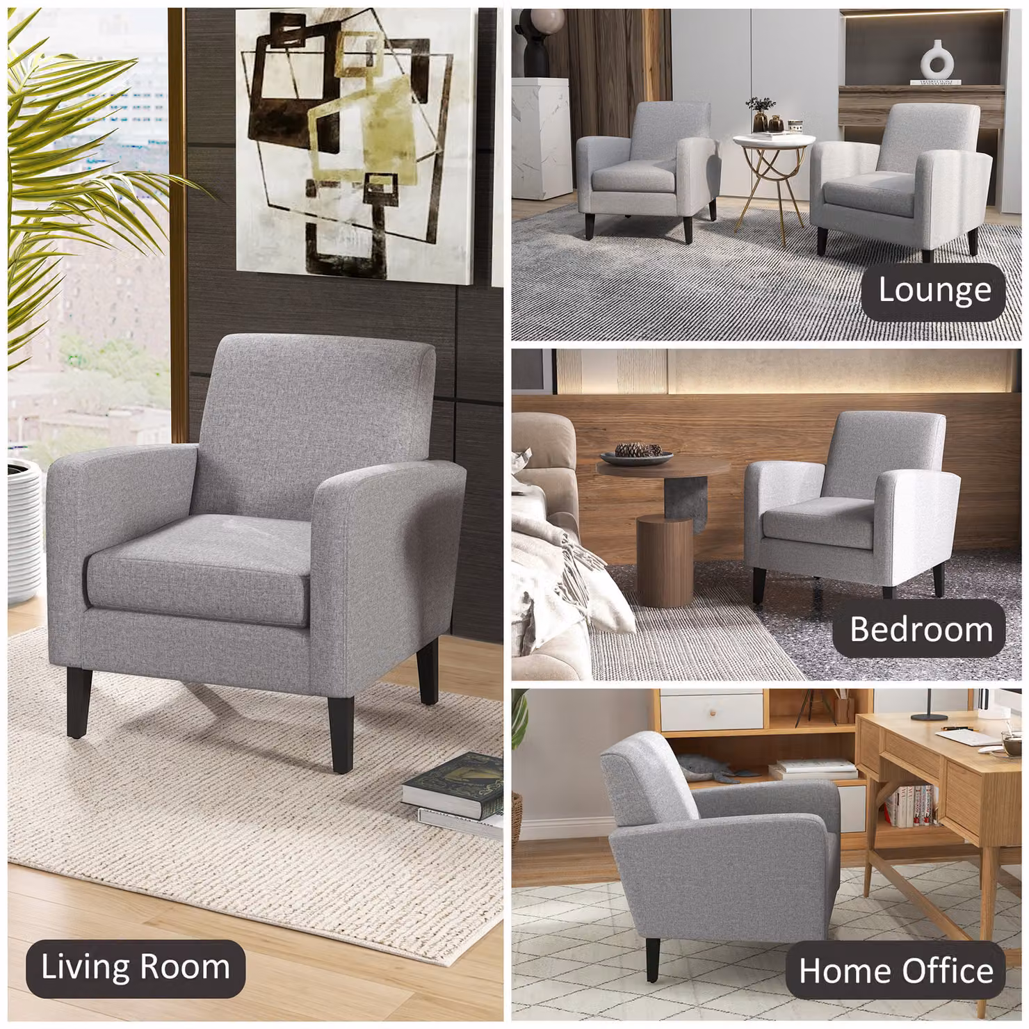 HOMCOM Modern Light Grey Fabric Accent Chair with Rubberwood Legs and Armrests – 3