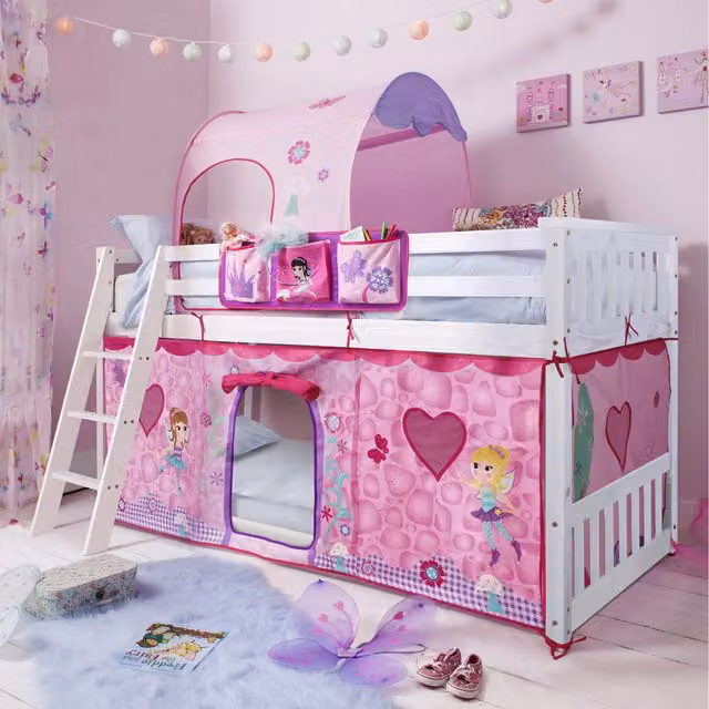 Noa and Nani Harri Low Bunk Bed in Pink and White Solid Pine Wood House Frame