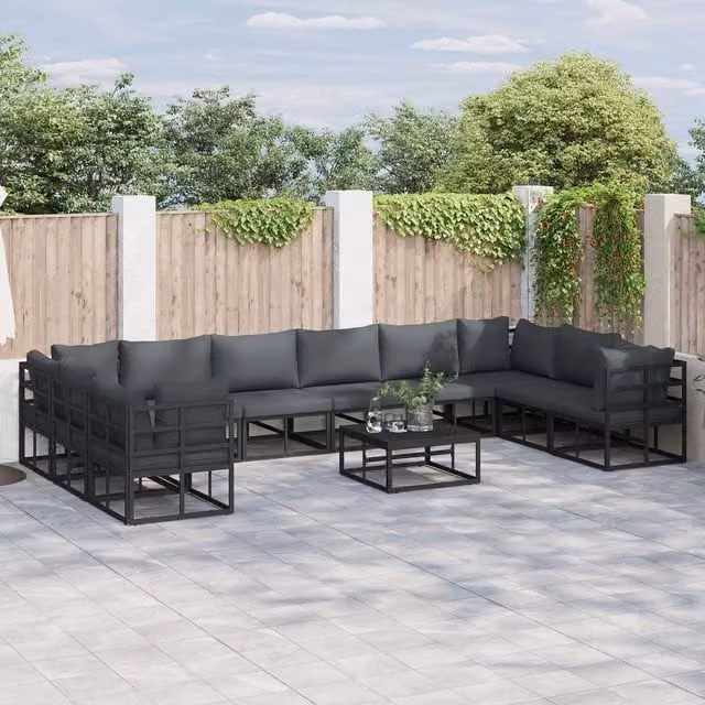 Berkfield Home 11 Piece Modern Garden Sofa Set in Black with Powder Coated Aluminium Frame and Weather Resistant Cushions, W/D/H: 70 x 70 x 32 cm – 1