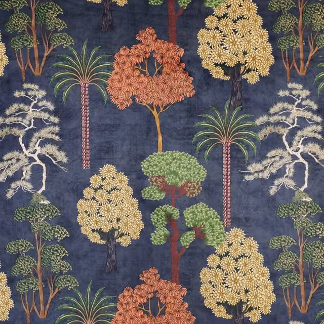 Linda Barker Bonsai Garden Blue Multicolour Floral Velvet Print Fabric