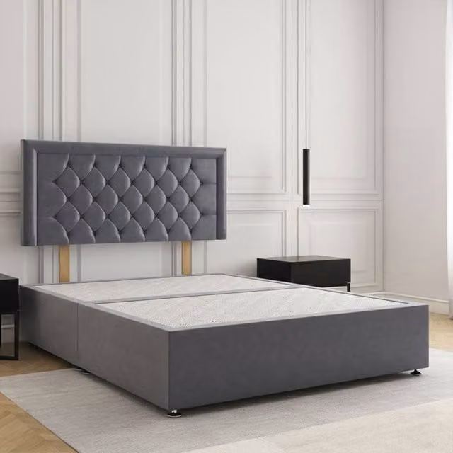 Regional Furnishings Plush Velvet Double Divan Bed Base with 24 Inch Headboard in Grey, W/D/H: 140 x 200 x 60.96 cm