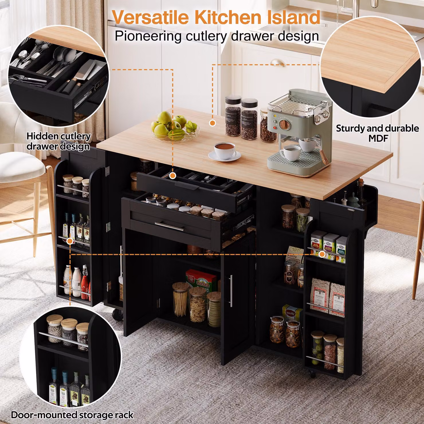 Aosom UK Modern Kitchen Trolley with Fold-Out Worktop and Double-Door Cabinets, Black and Natural, W: 70 cm, D: 70 cm, H: 92 cm – 4