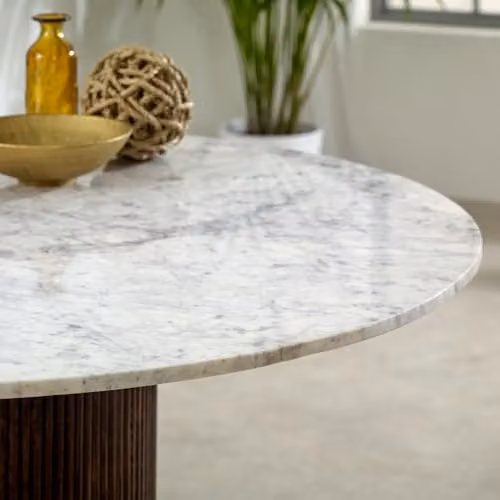 Indian Hub Opal Round Dining Table with White Marble Top and Mango Wood Base, W: 120 cm, D: 120 cm, H: 76 cm – 3