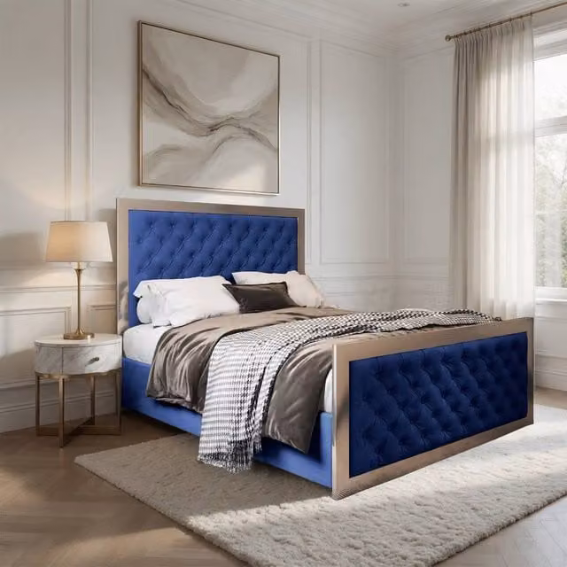 Casani Lapworth Upholstered Velvet Designer Bed Frame in Blue with Metal Details, W/D/H: 140 x 200 cm