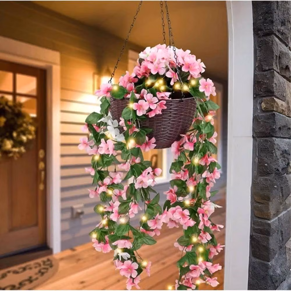 NESTLUNE Solar Powered Artificial Floral Hanging Basket with Warm White LED Lights, Pink, W: 100 cm, D: 15 cm – 3