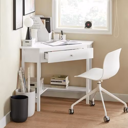 SoBuy White Triangle Corner Desk with Drawer and Bottom Shelf – 2