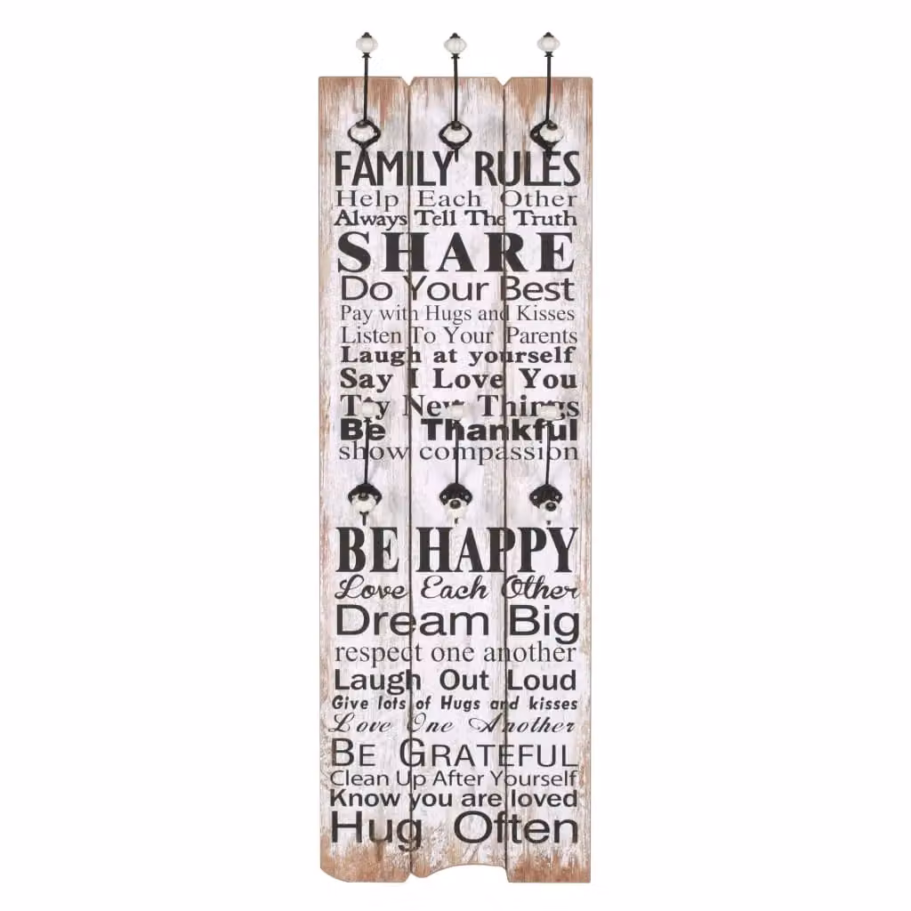 Berkfield Home Family Rules Wall-mounted Coat Rack with 6 Hooks, Multicolour, W: 120 cm, D: 40 cm – 2