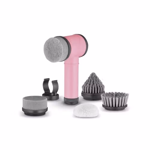 Swan x Lynsey TV Queen of Clean 5-in-1 Cordless Spin Scrubber with 5 Cleaning Heads and Wall Holder, Rechargeable Waterproof Scrubbing Brush for Showers, Hobs and Tiles, Pink, SWFC1003QOCN