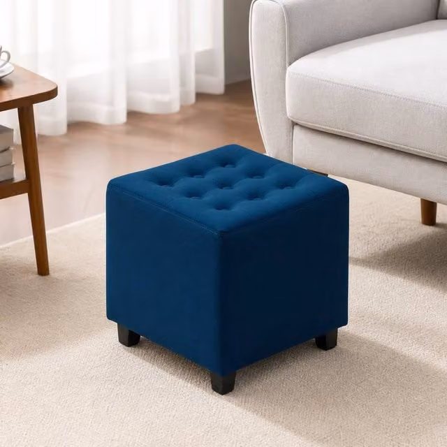 STILVORA Blue Polyester Button Tufted Ottoman Stool W/D/H: 35 x 35 x 35 cm