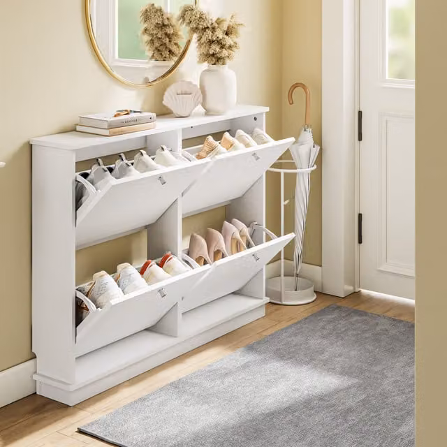 SoBuy White Ultra Narrow Shoe Storage Cabinet with 4 Tilting Compartments