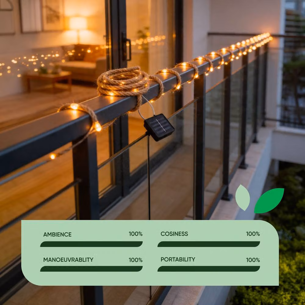 Gardenwize Pack of 2 Rustic Beige Hemp Solar Rope Lights, 4 m – 4