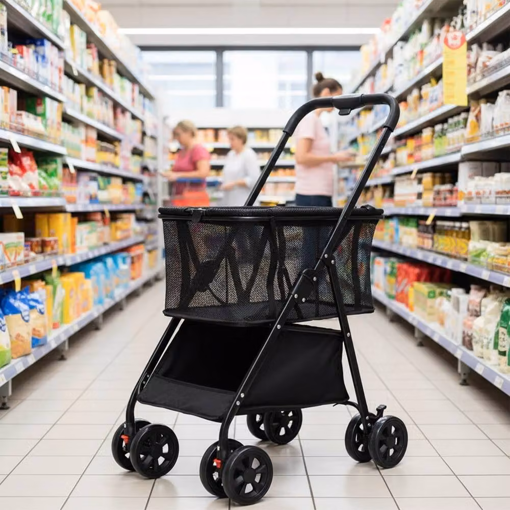 Ventryn Portable and Foldable Supermarket Shopping Cart with 8 Wheels, Black – 3