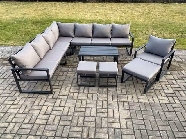 Fimous Modern L-Shape Aluminium Outdoor Garden Furniture Set in Dark Grey with Corner Sofa, Oblong Coffee Table and 3 Matching Ottomans