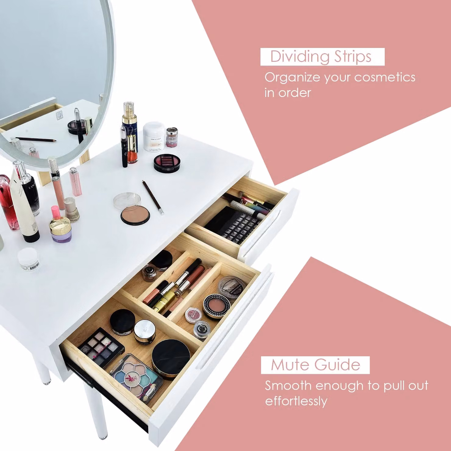 Costway Modern White Vanity Table Set with Hollywood LED Lighted Mirror and Rubberwood Construction – 7