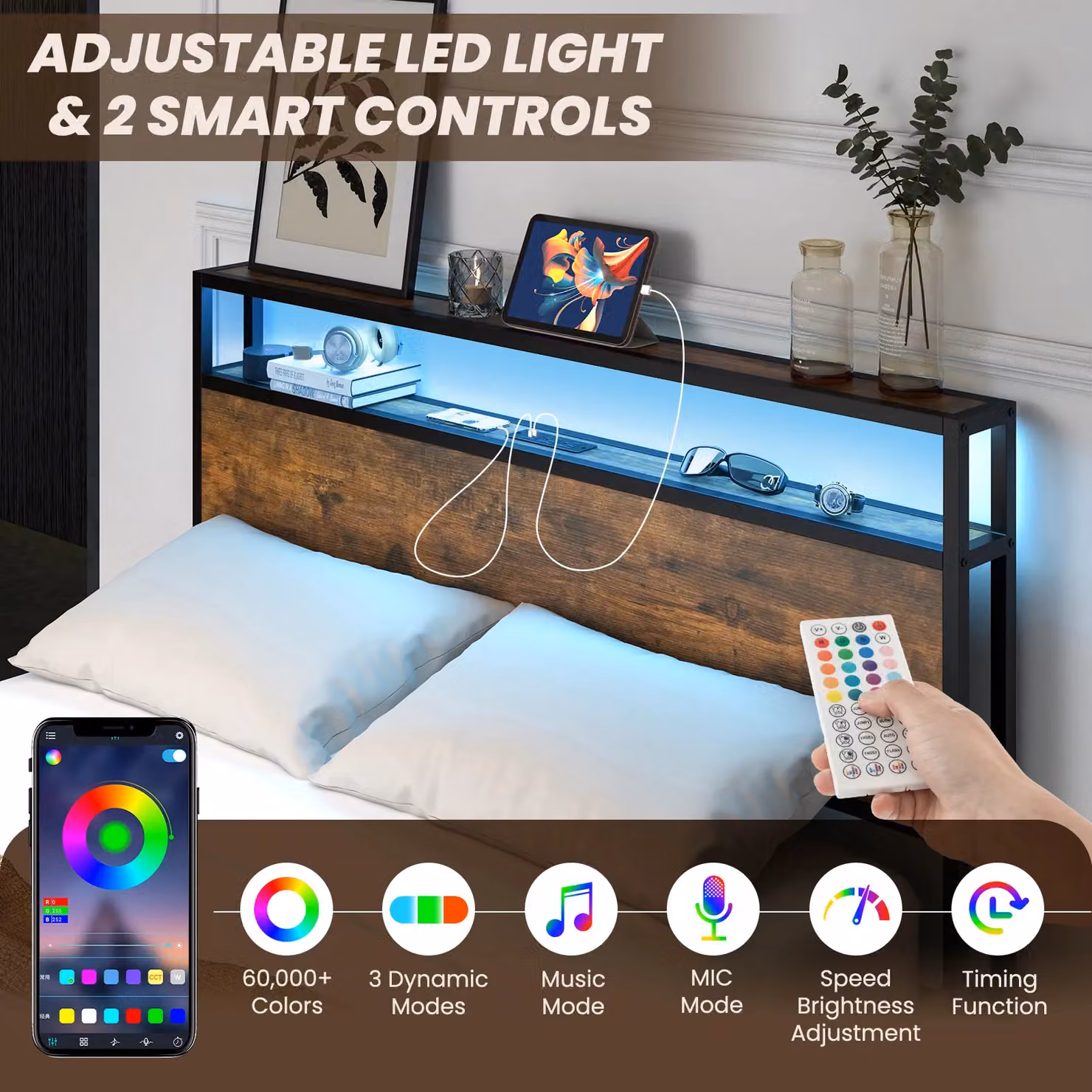 Costway Double Size Metal Bed Frame in Brown with LED Light Headboard, USB Charging Port, Bedside Shelf and 4 Storage Drawers, W/D/H: 140 x 200 cm – 5