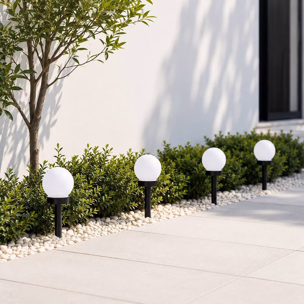Marco Paul Set of 4 White Solar Powered LED Sphere Orbs with Ground Spike and Dusk Sensor – 4