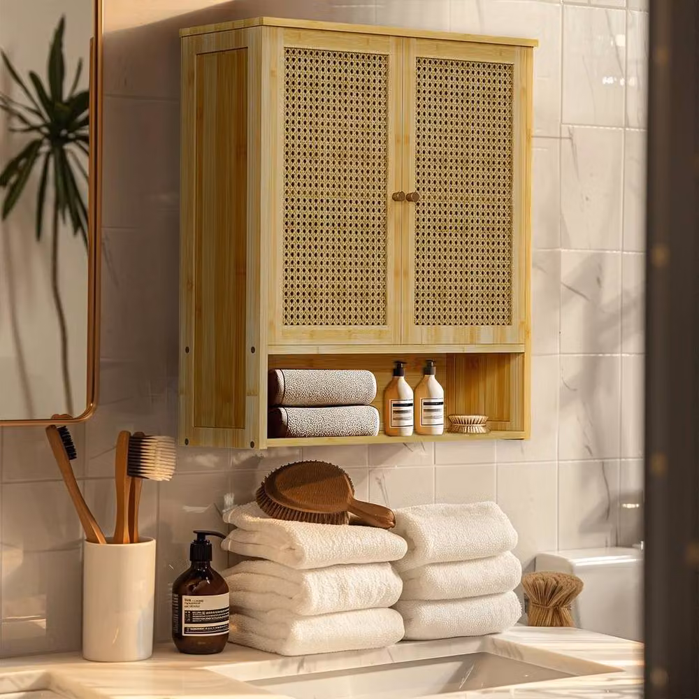 SPETLEK Brown Boho Rattan Bathroom Medicine Cabinet with Hinged Doors and Internal Shelves, H 66.5 x W 59.0 cm – 2