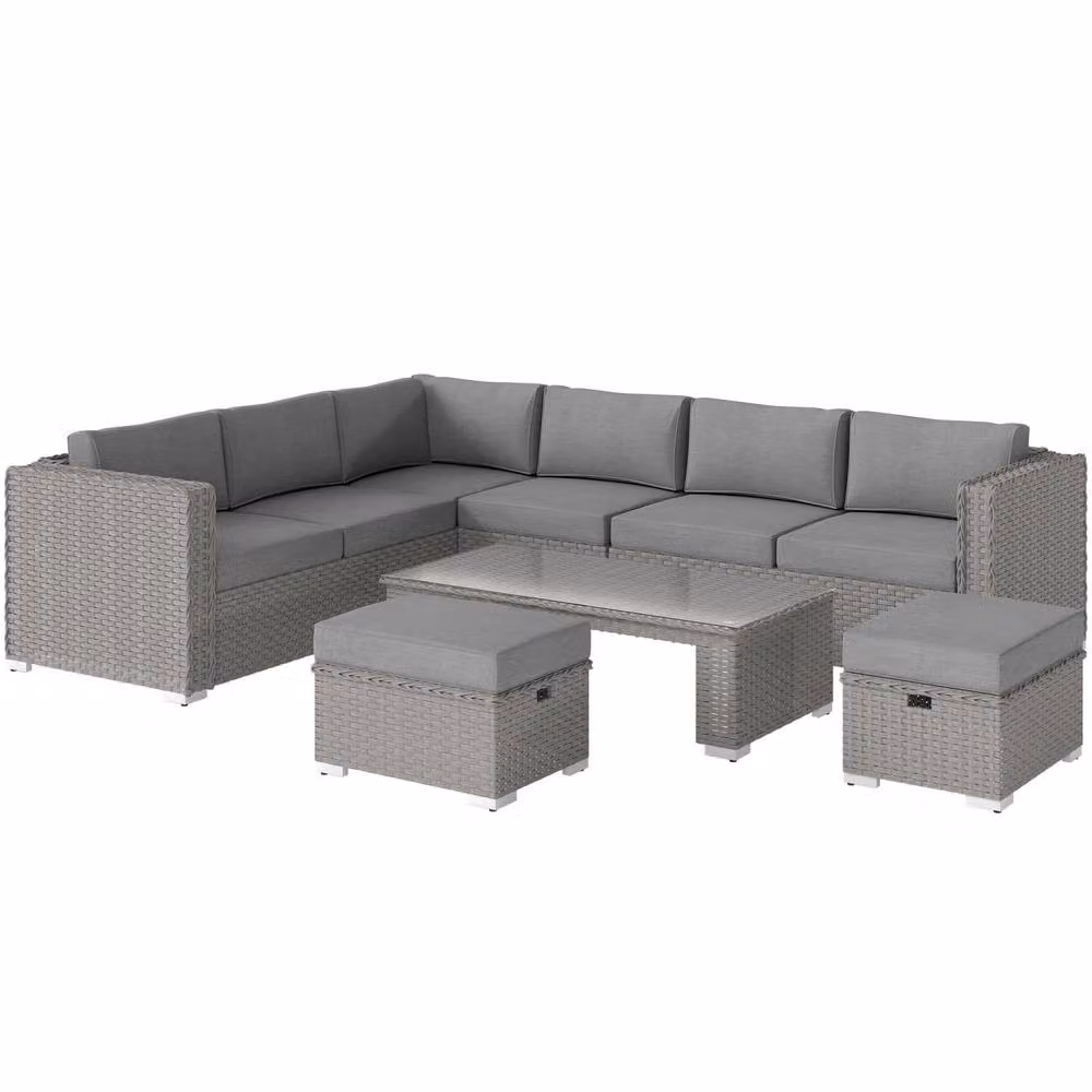 Wyld Haus Rava 8 Seater Modular Corner Sofa Set in Mixed Grey Faux Rattan with Glass Table – 2