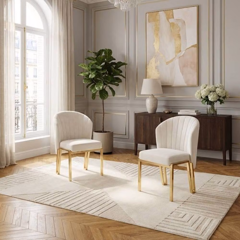 HOME LUXE INTERIOR Fabio Set of 2 Beige Velvet Dining Chairs with Gold Metal Frame – 2