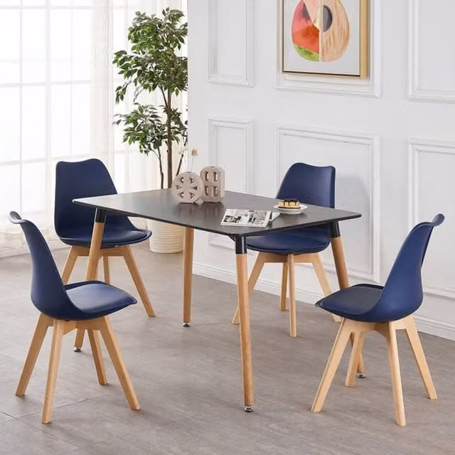 Life Interiors 5-Piece Scandinavian Dining Set with Halo Rectangular Wood Table and 4 Blue Lorenzo Tulip Chairs