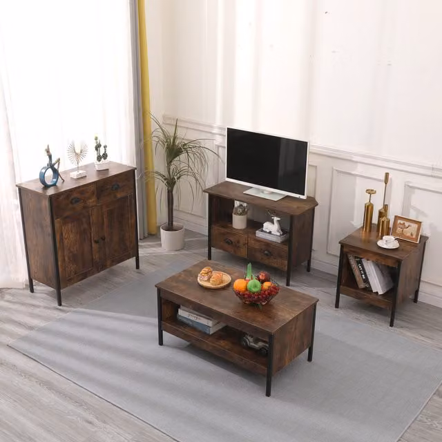 HMD Brown Living Room Furniture Set with Coffee Table, Lamp Table, Corner TV Unit and 2-Door 2-Drawer Cabinet