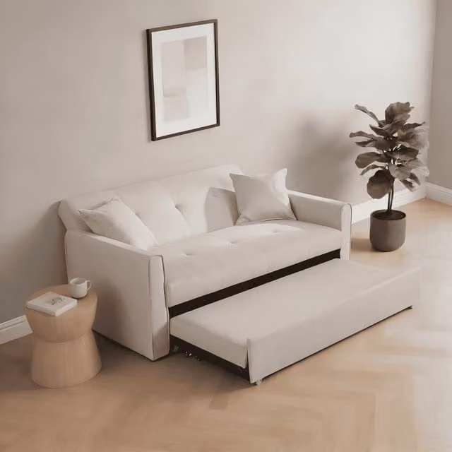 Home Source Charleston Pull Out Linen Sofa Bed in Beige with Scatter Cushions