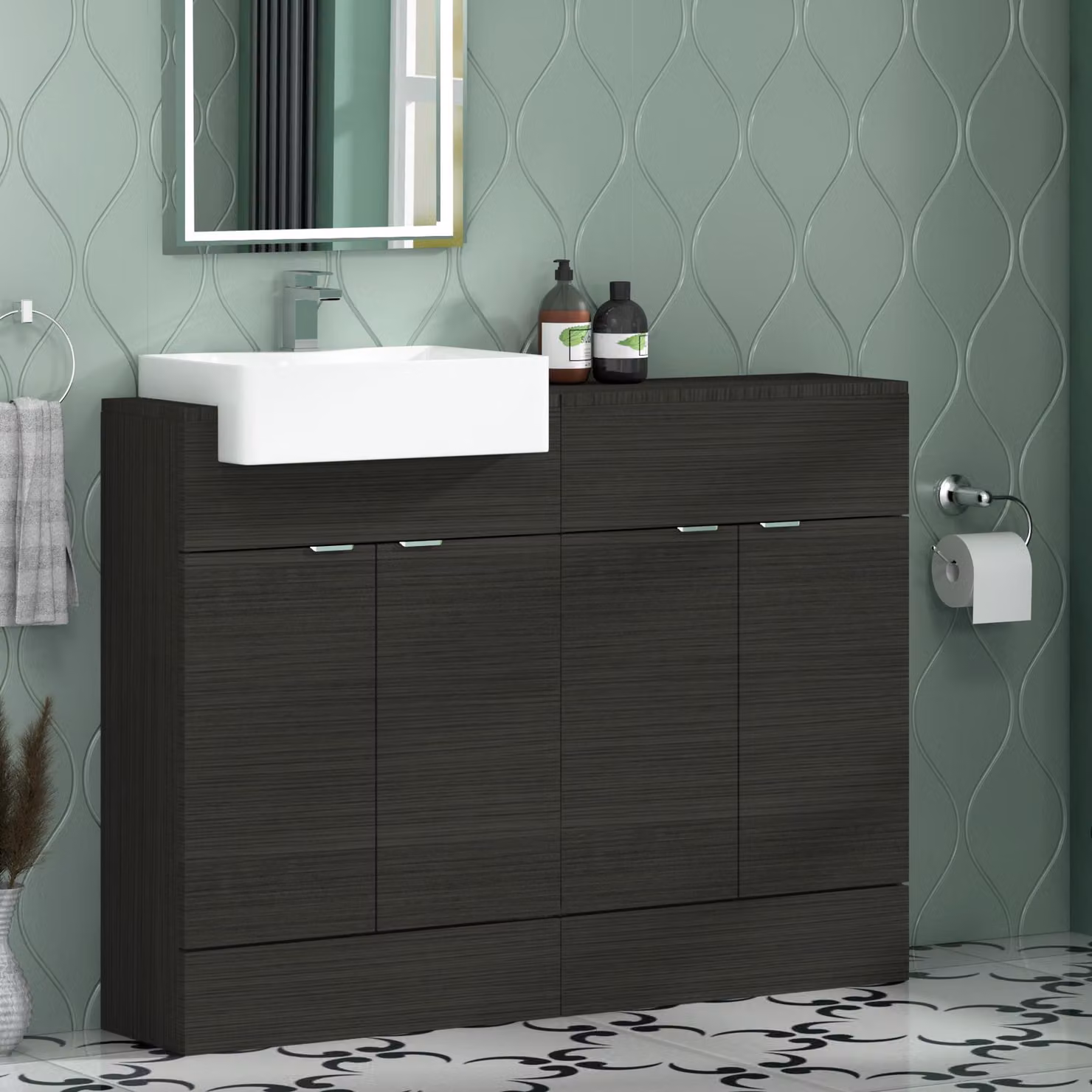 Royal Bathrooms Elena 1200mm Floor Standing 4 Door Vanity Sink Unit in Charcoal Oak with Semi Recessed Basin
