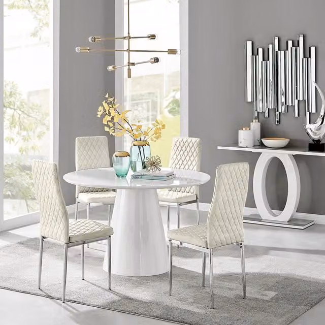 FurnitureboxUK Palma White High Gloss Round Dining Table and 4 Milan Velvet Chairs in Cream
