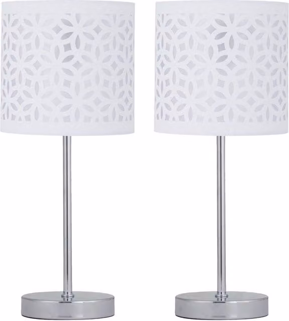 First Choice Lighting Set of 2 Chrome Stick Table Lamps with White Fabric Shades