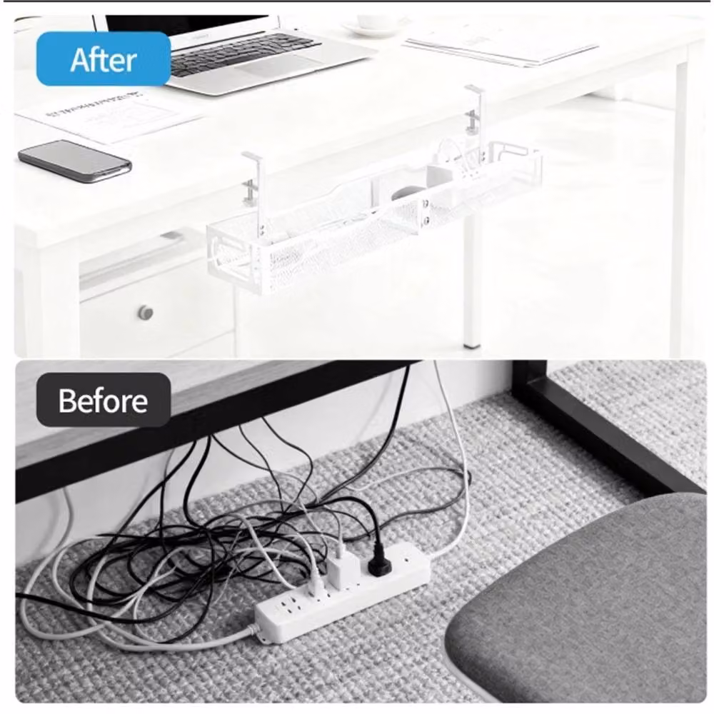 Nordara White Matt Metal No Drill Under Desk Cable Management Tray – 2