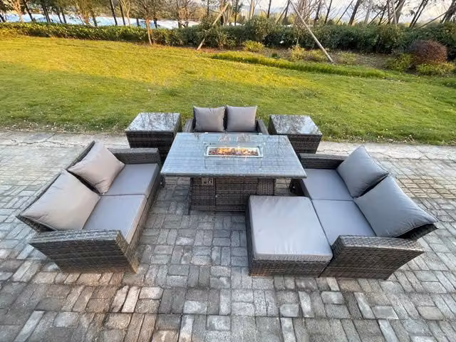 Fimous High Back Rattan Garden Furniture Set with Gas Firepit Dining Table and 2 Side Tables in Dark Grey