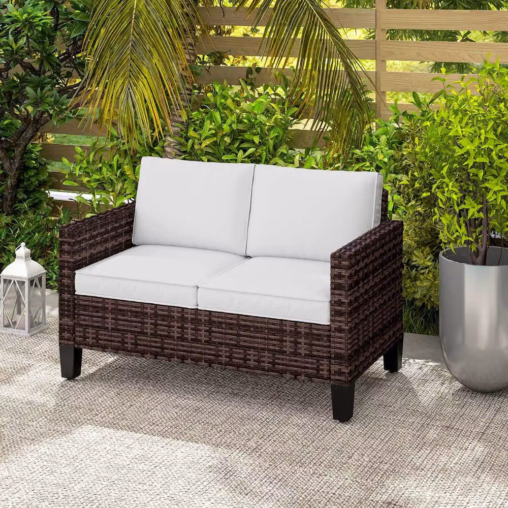 ERGOVEXA Two-Seater Rattan Outdoor Sofa in Brown with Upholstered Cushions and Removable Covers – 4