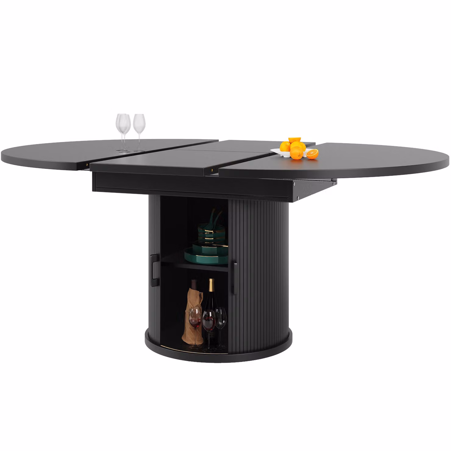 Aosom UK Extendable Round Dining Table with Curved Sliding Doors and 2 Shelves in Black, W/D/H: 118 x 118 x 76 cm – 2